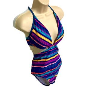 HEAT Swimsuit Monokini Neon Striped Blue Orange Pink White Teal Womens XL